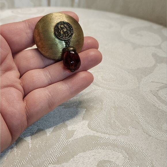 Vintage 80s Gold Tone Brooch with Coin and Brown Stone Accent - Picture 3 of 8